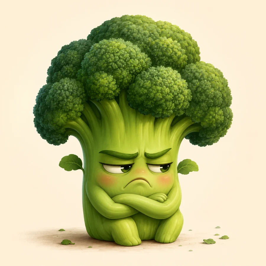 Un brocoli pensif accompagne votre panier vide
